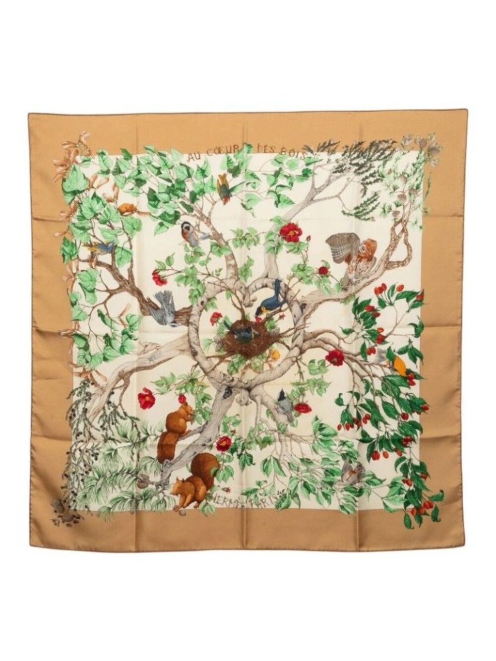 Hermes Carre 90 in the Forest AU Coeur Des Bois Scarf Beige Multicolor Silk